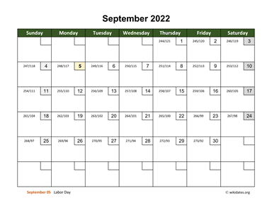 September 2022 Calendar with Day Numbers