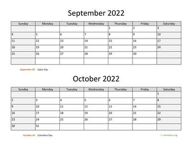 September and October 2022 Calendar Horizontal