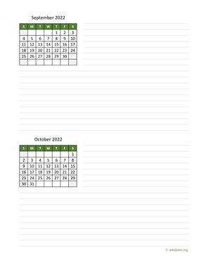 September and October 2022 Calendar with Notes