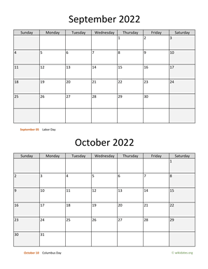 September and October 2022 Calendar Vertical