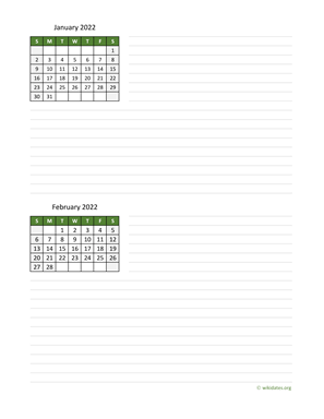 Two Months 2022 Calendar with Notes