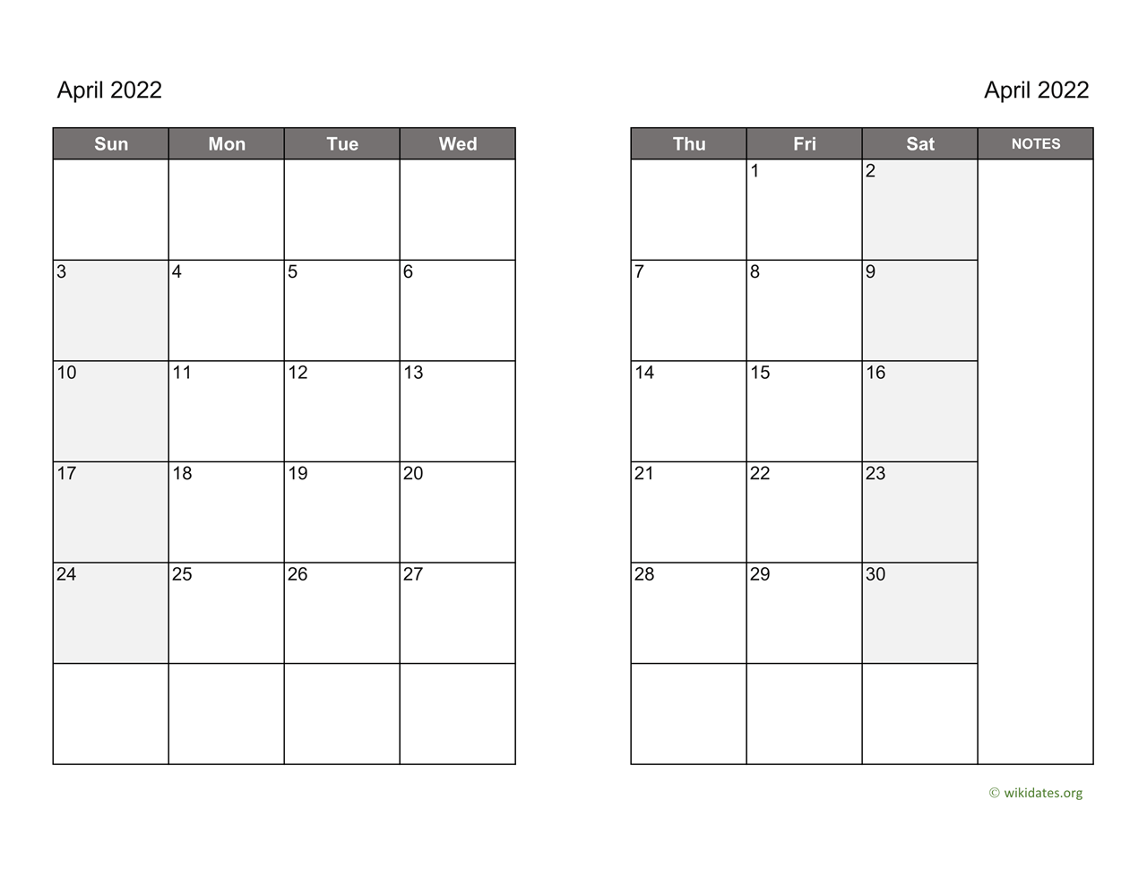 April 2022 Calendar on two pages