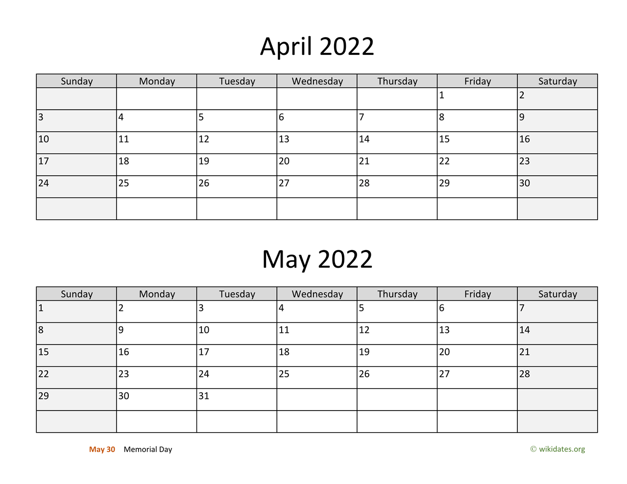 April and May 2022 Calendar