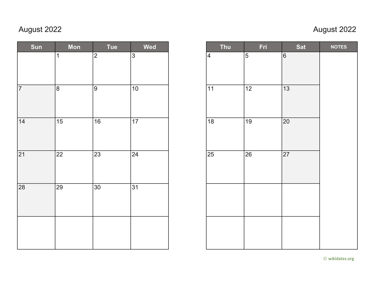 August 2022 Calendar on two pages | WikiDates.org