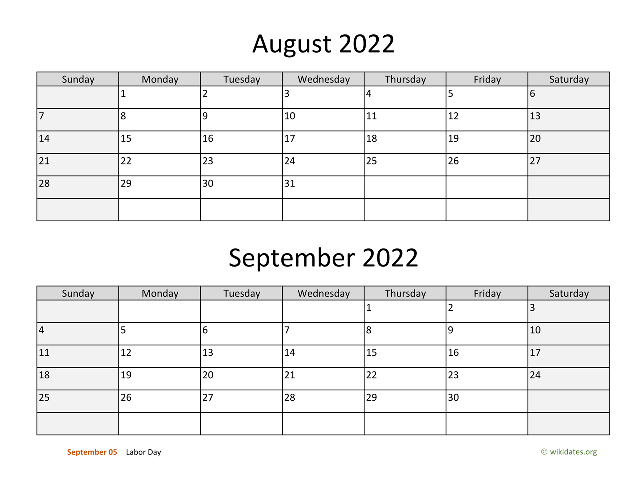 August And September 2022 Calendar | Wikidates.org