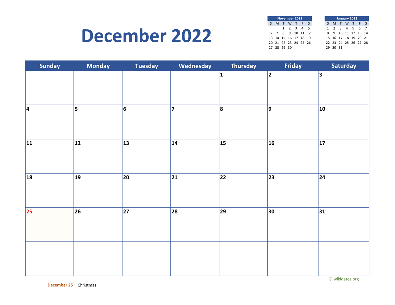 Dec 2022 Jan 2023 Calendar December 2022 Calendar Classic | Wikidates.org