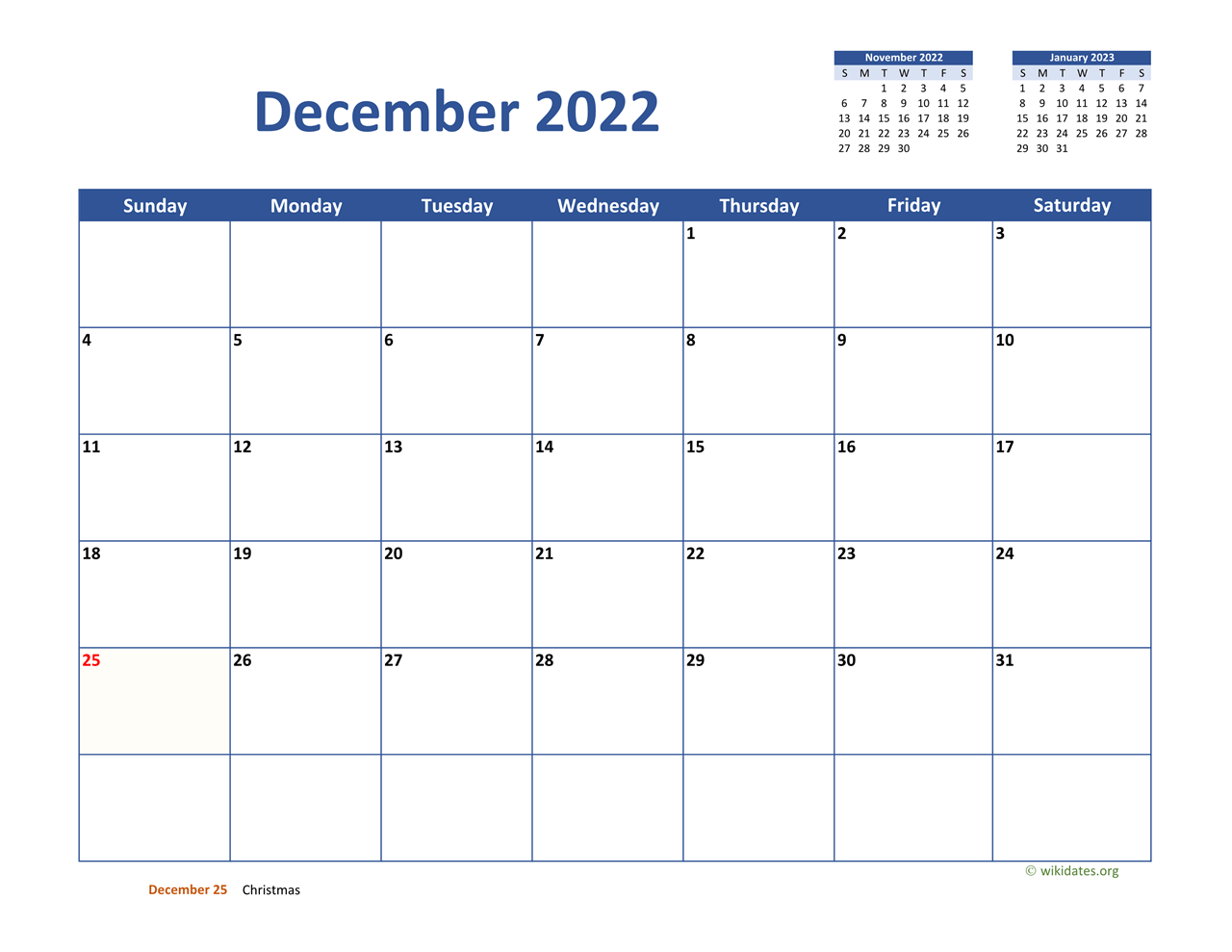 December 2022 Calendar Classic | WikiDates.org