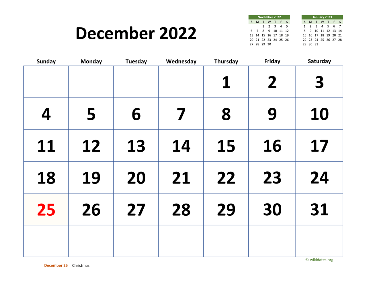 December Month Calendar 2022 December 2022 Calendar With Extra-Large Dates | Wikidates.org