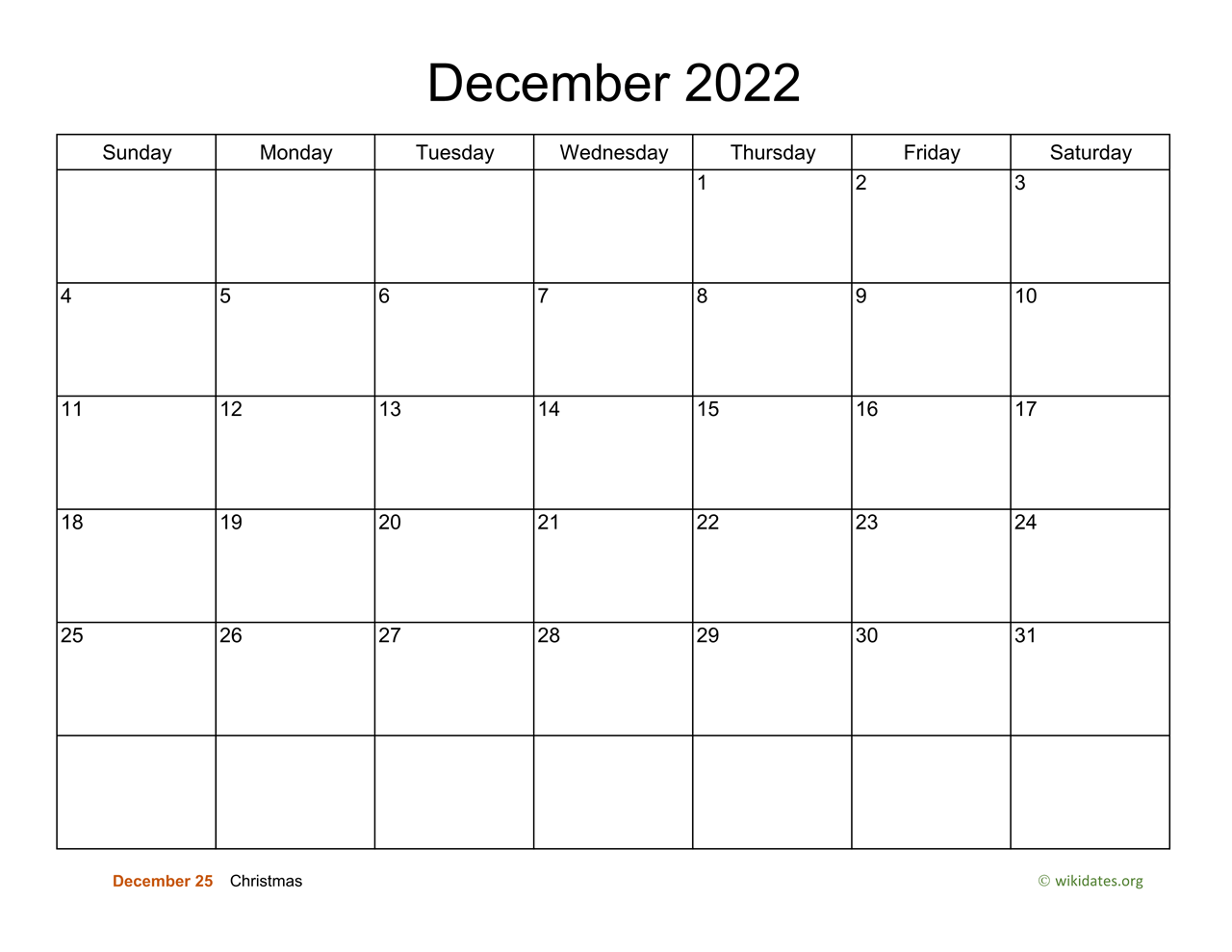December Calendar 2022 Printable Basic Calendar For December 2022 | Wikidates.org