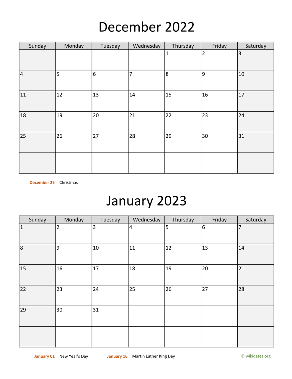 December 2022 And January 2023 Calendar