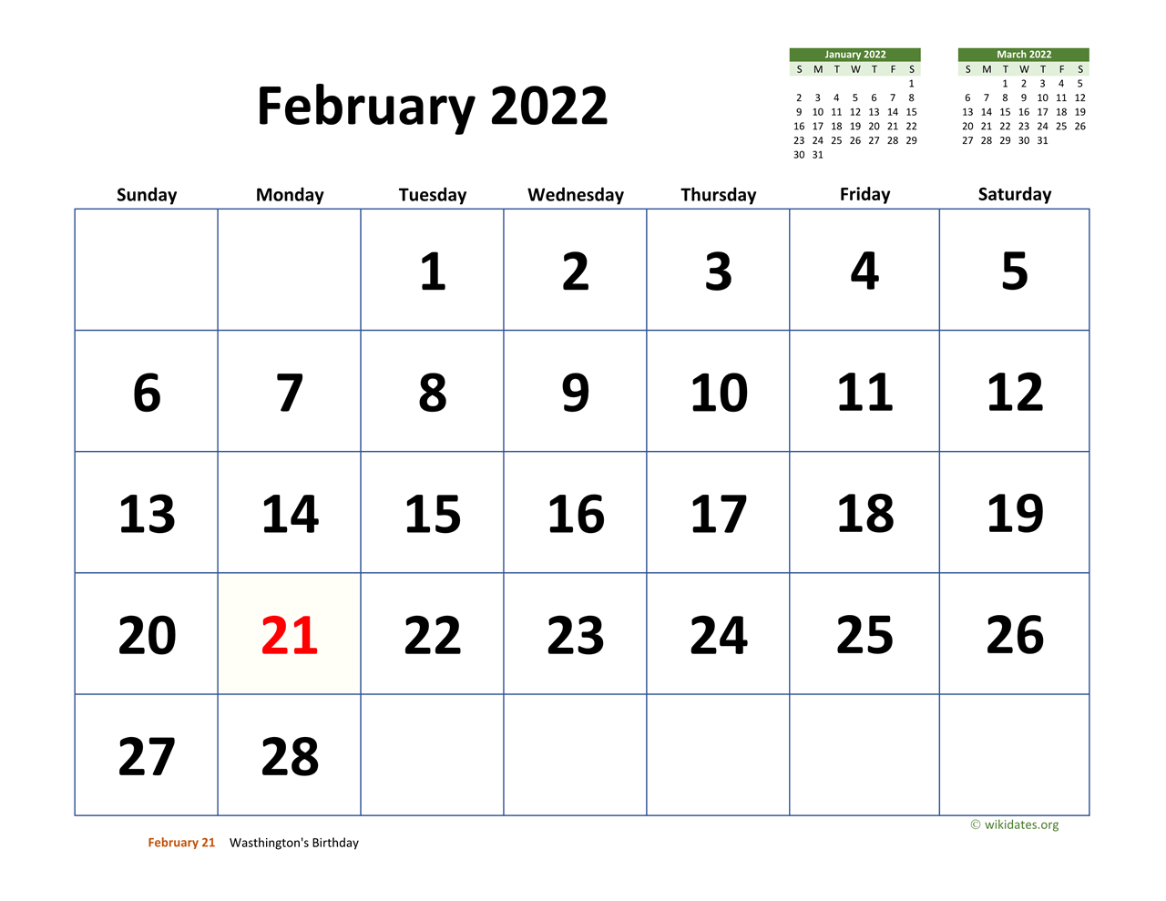 February 2022 Calendar with Extralarge Dates