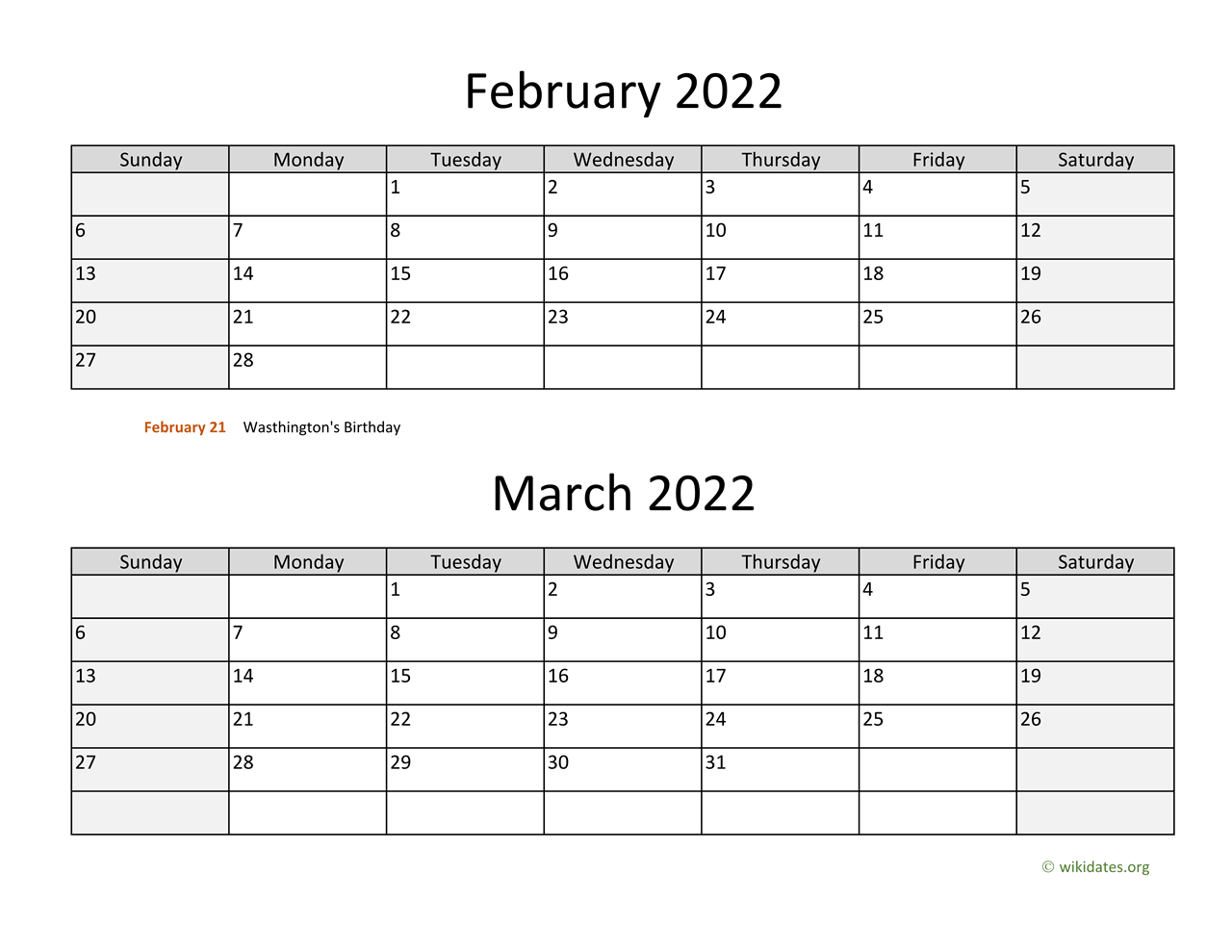 Feb March 2022 Calendar February And March 2022 Calendar | Wikidates.org