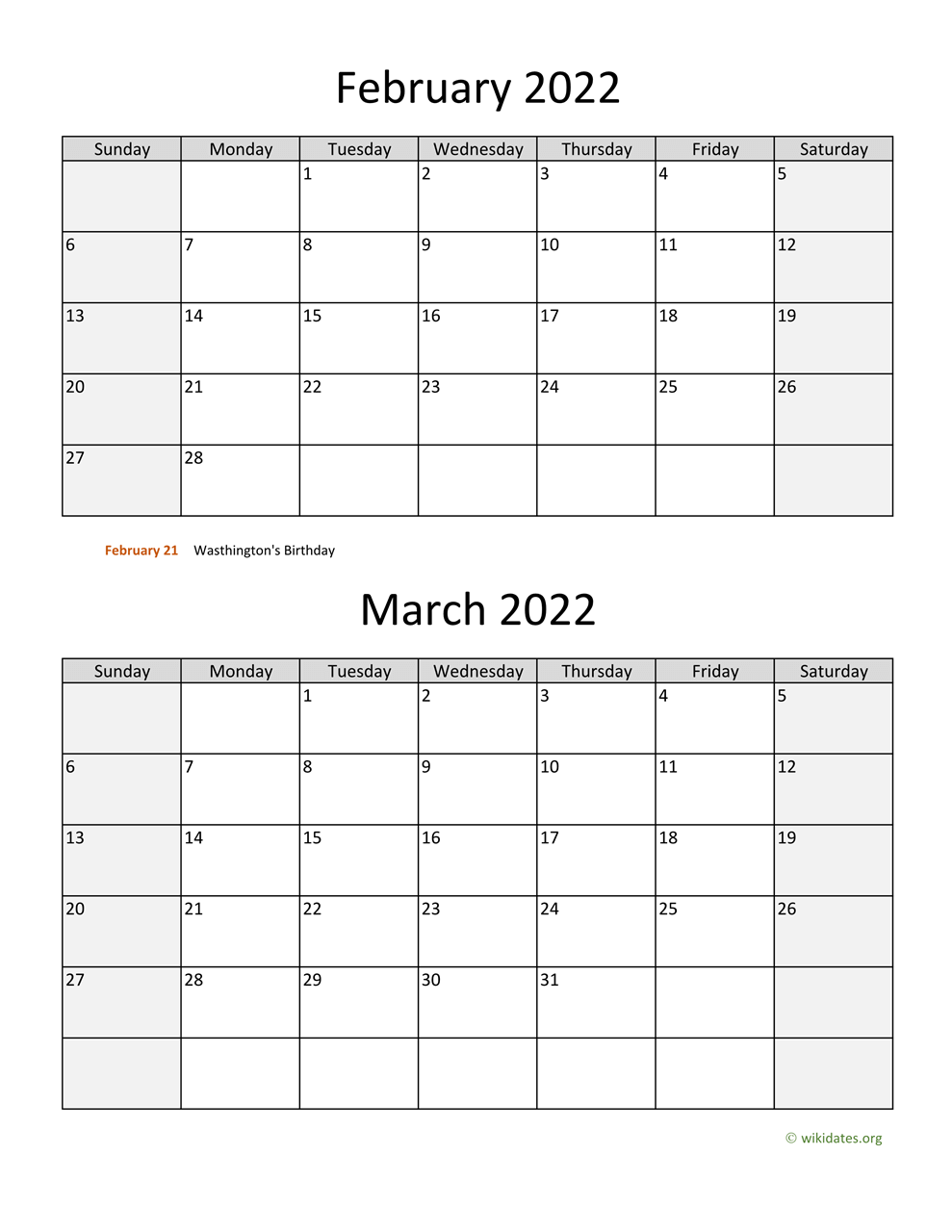February March Calendar 2022 February And March 2022 Calendar | Wikidates.org