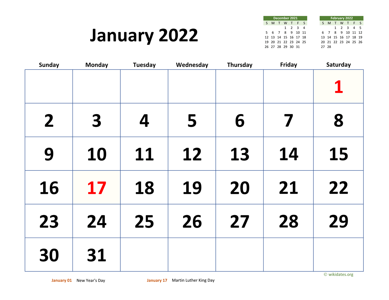 January 2022 Calendar With Extra large Dates WikiDates