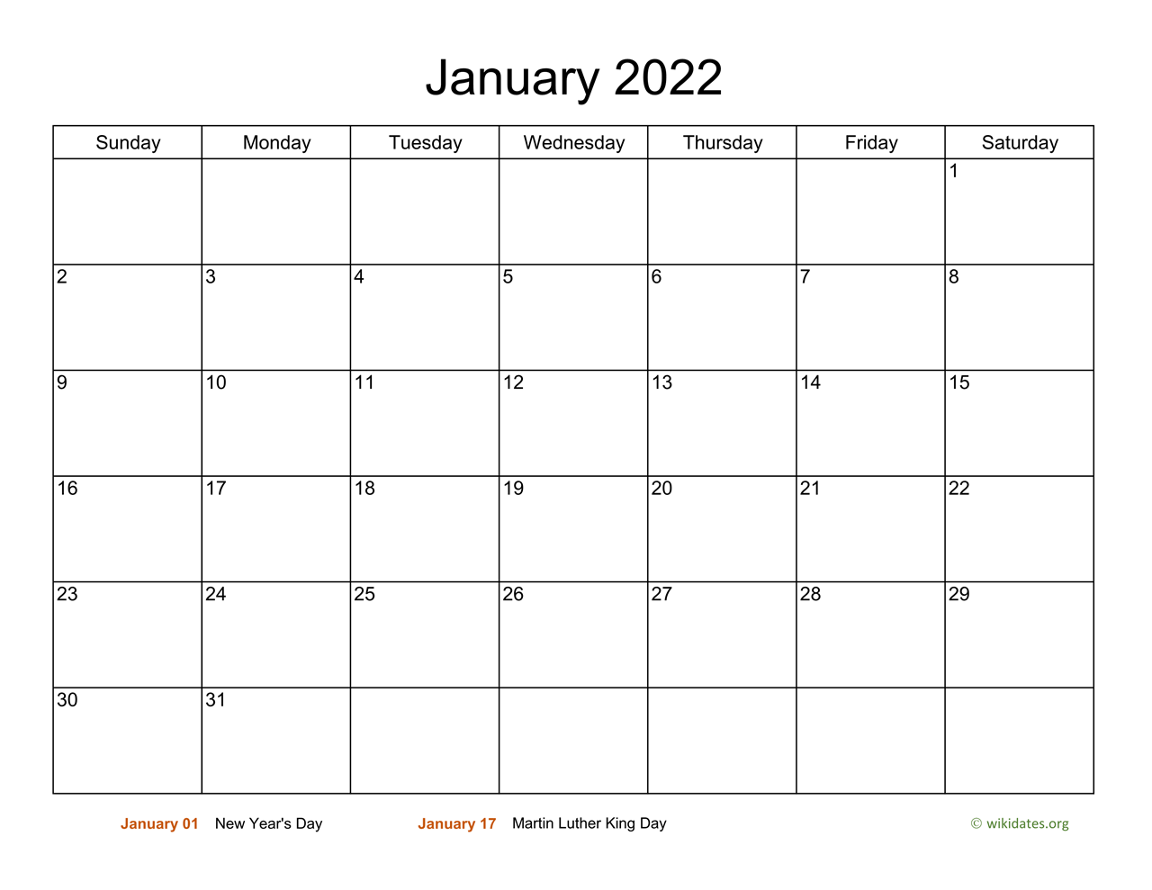 Basic Calendar for January 2022 | WikiDates.org