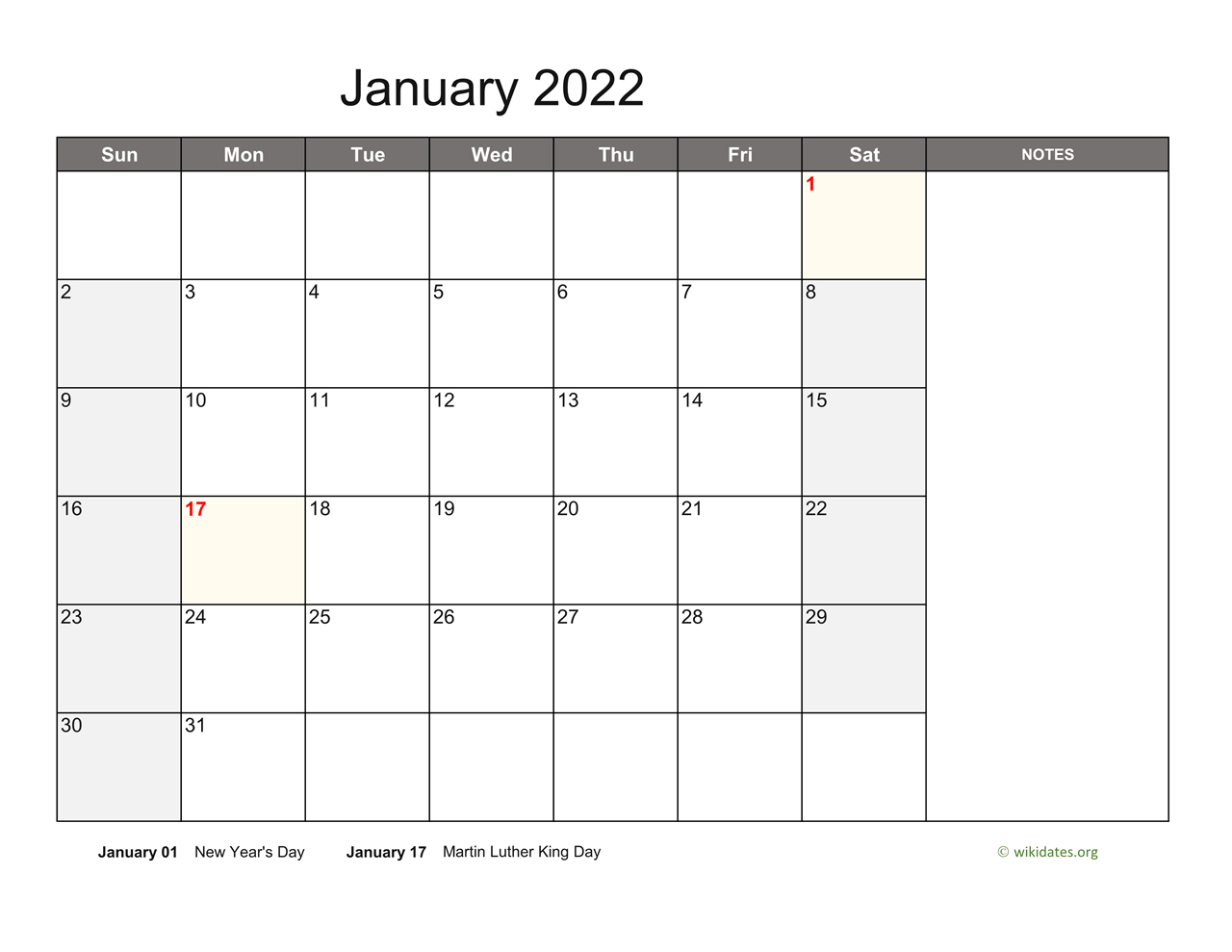 January 2022 Calendar With Notes Wikidates Org