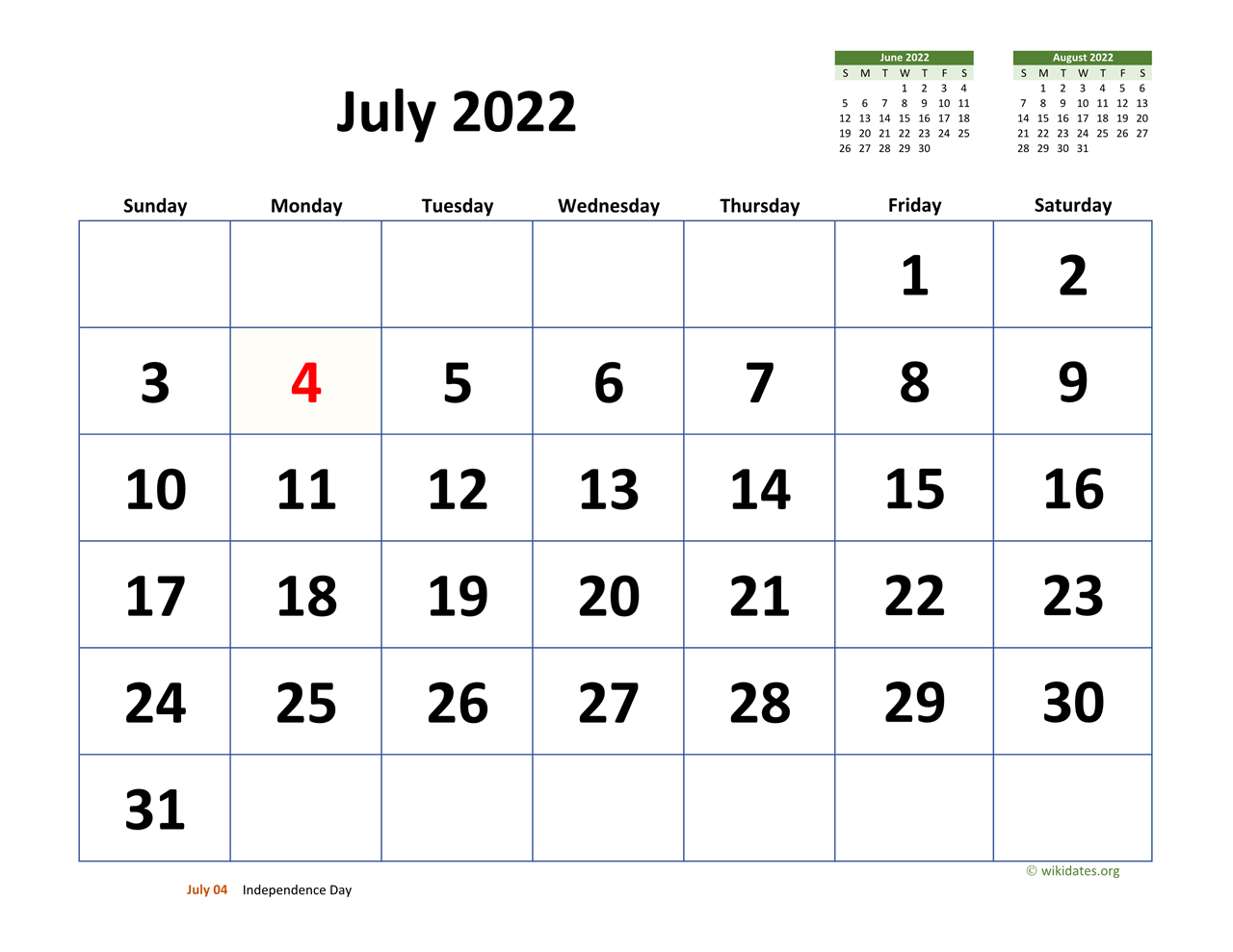 July 2022 Calendar With Extra-Large Dates | Wikidates.org