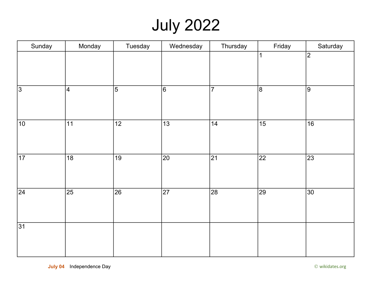 Month Of July Calendar 2022 Basic Calendar For July 2022 | Wikidates.org