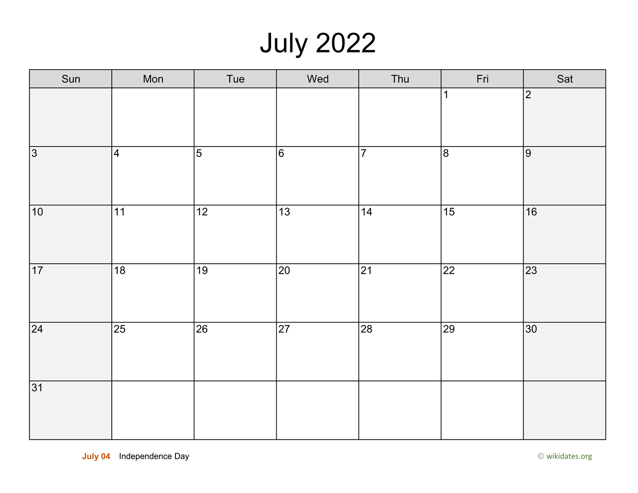 July Schedule 2022 July 2022 Calendar With Weekend Shaded | Wikidates.org
