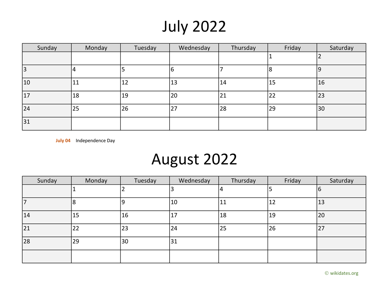 July and August 2022 Calendar
