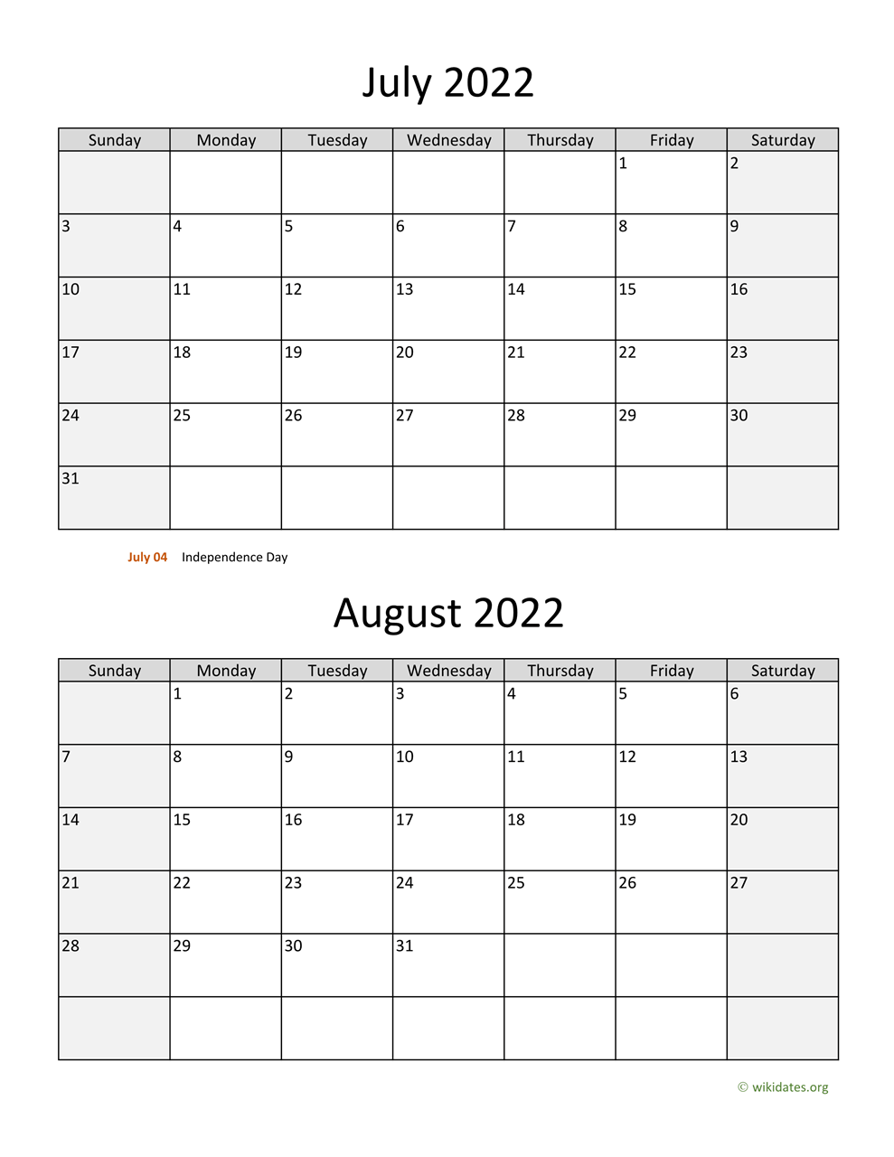 July And August 2022 Calendar