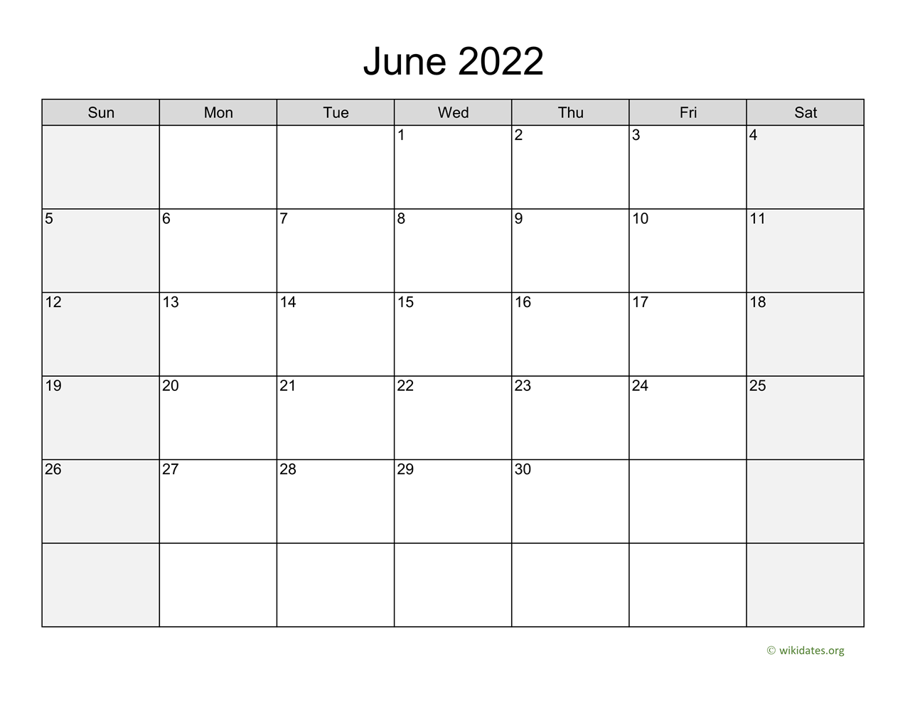 June Calendar with Shaded | WikiDates.org