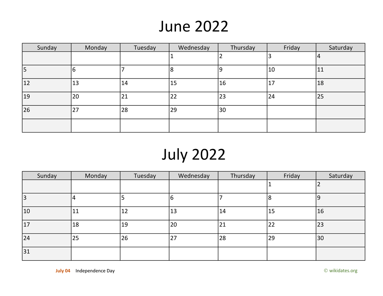 June To August 2022 Calendar June And July 2022 Calendar | Wikidates.org