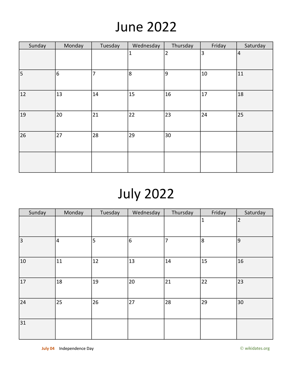 June and July 2022 Calendar