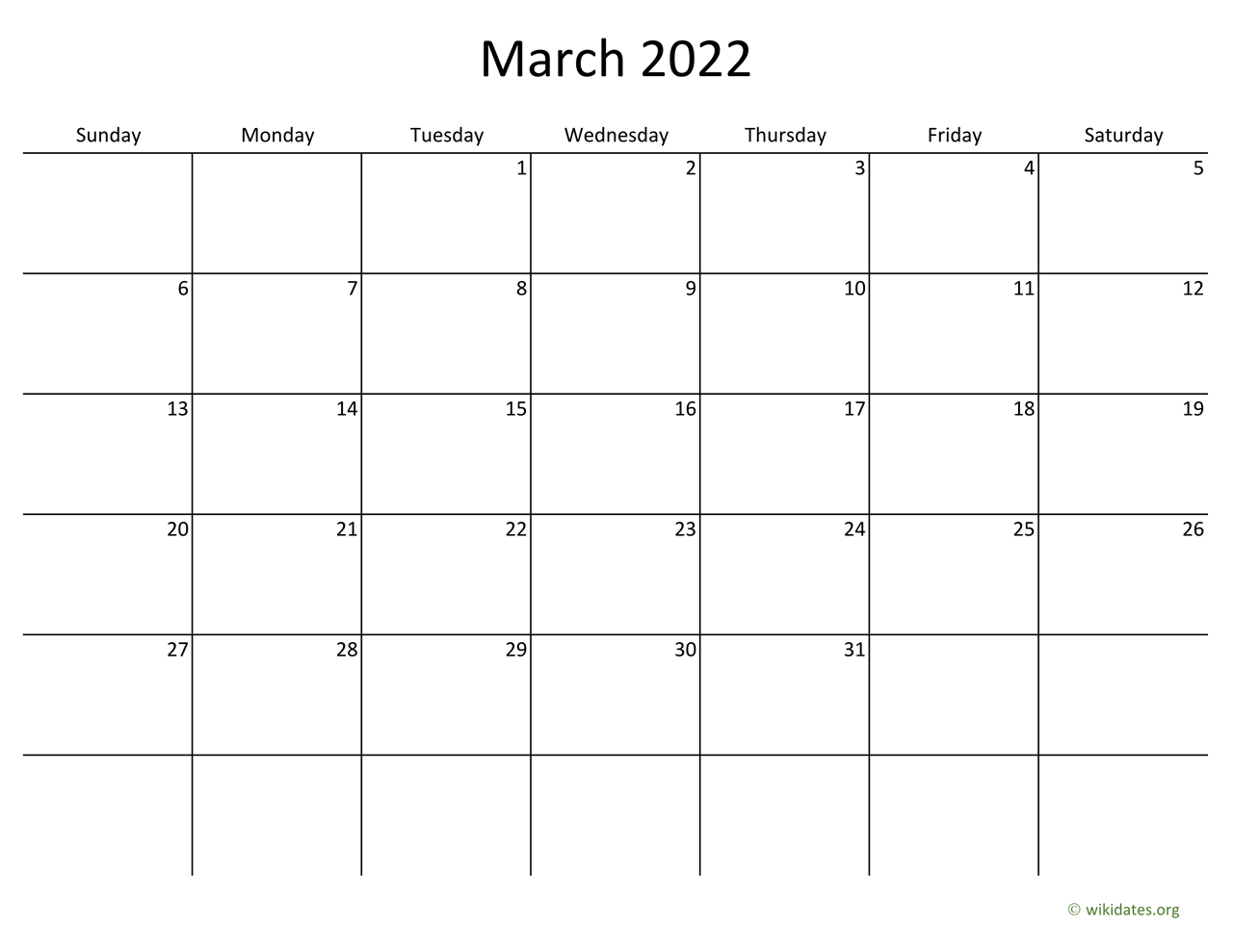 March 2022 Schedule March 2022 Calendar With Bigger Boxes | Wikidates.org