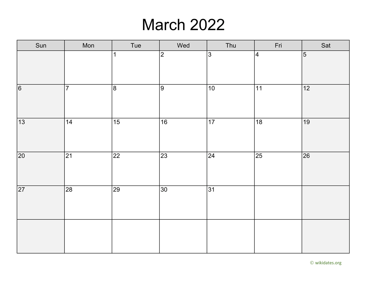 March 2022 Calendar with Weekend Shaded | WikiDates.org