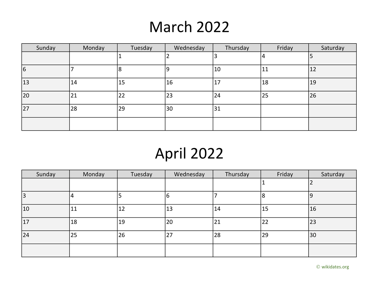 March And April Calendar 2022 March And April 2022 Calendar | Wikidates.org