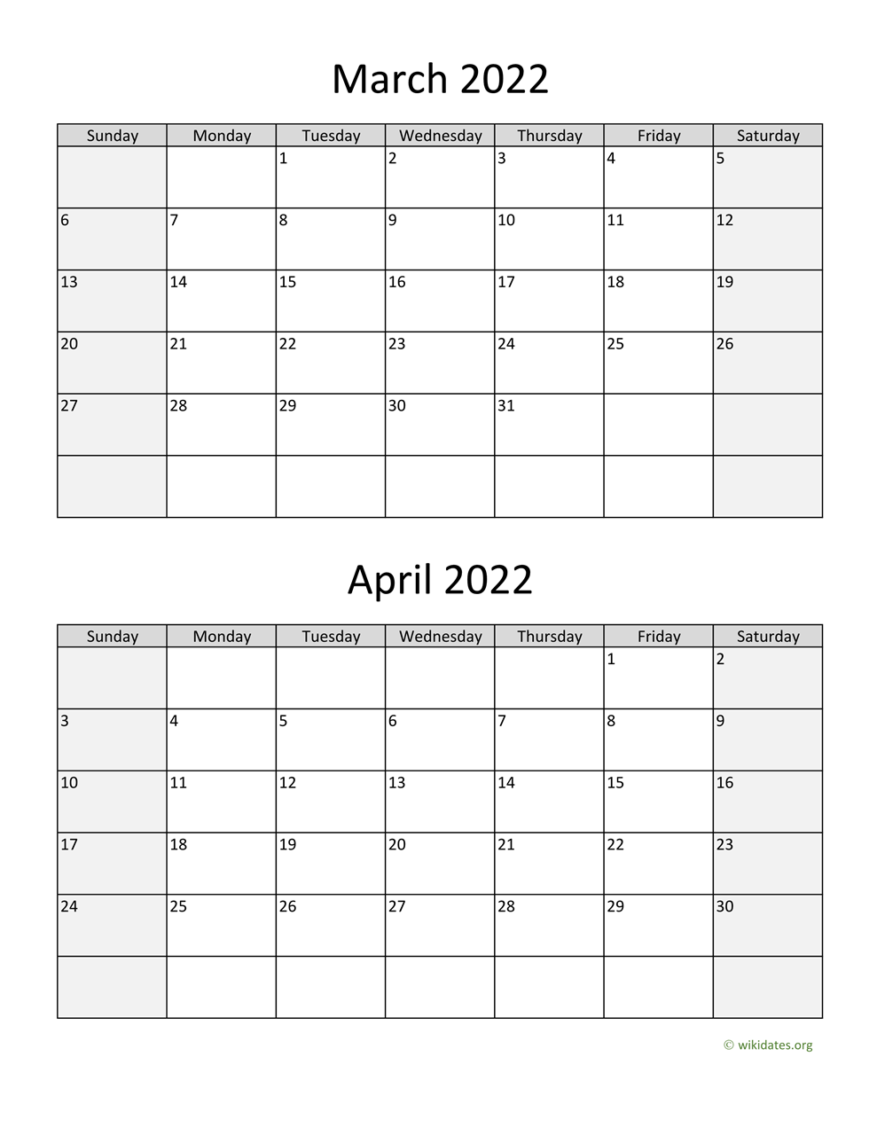 March April Calendar 2022 March And April 2022 Calendar | Wikidates.org