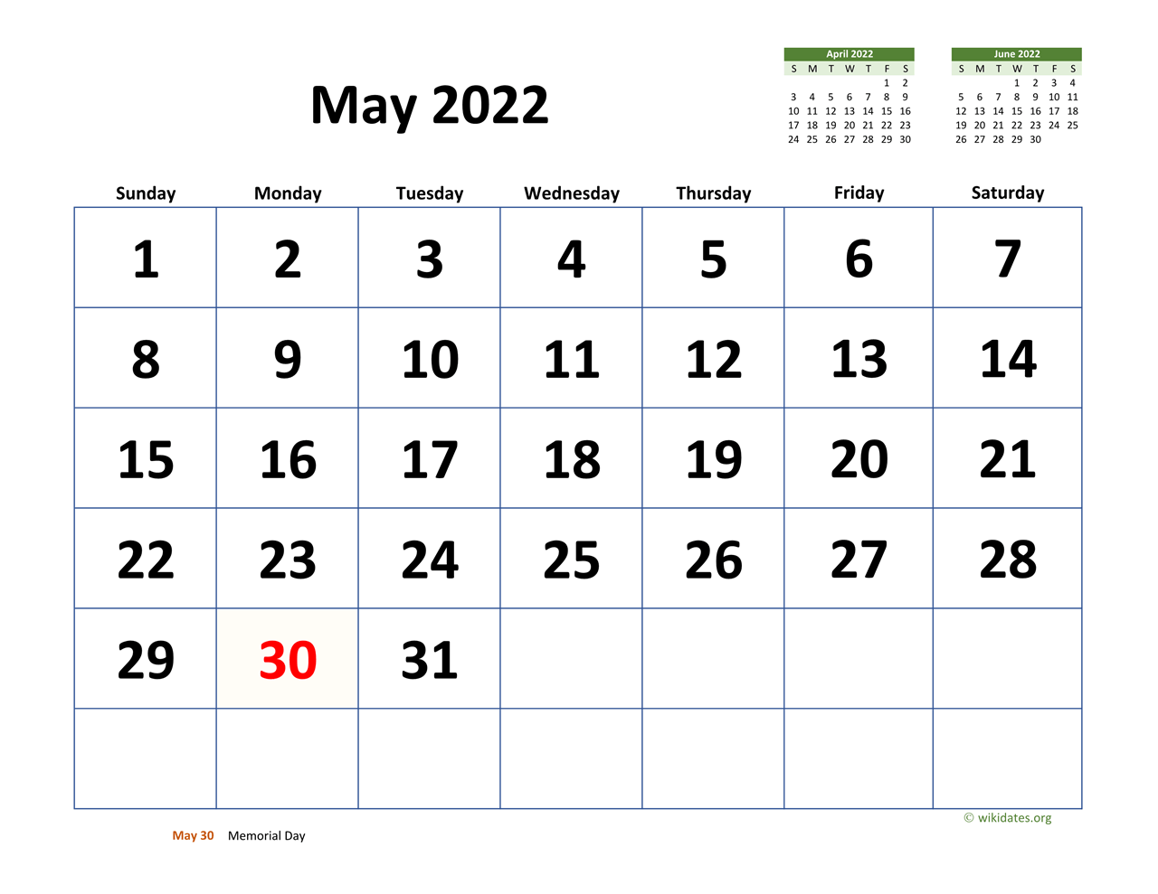May 2022 Calendar With Extra Large Dates Wikidates Org