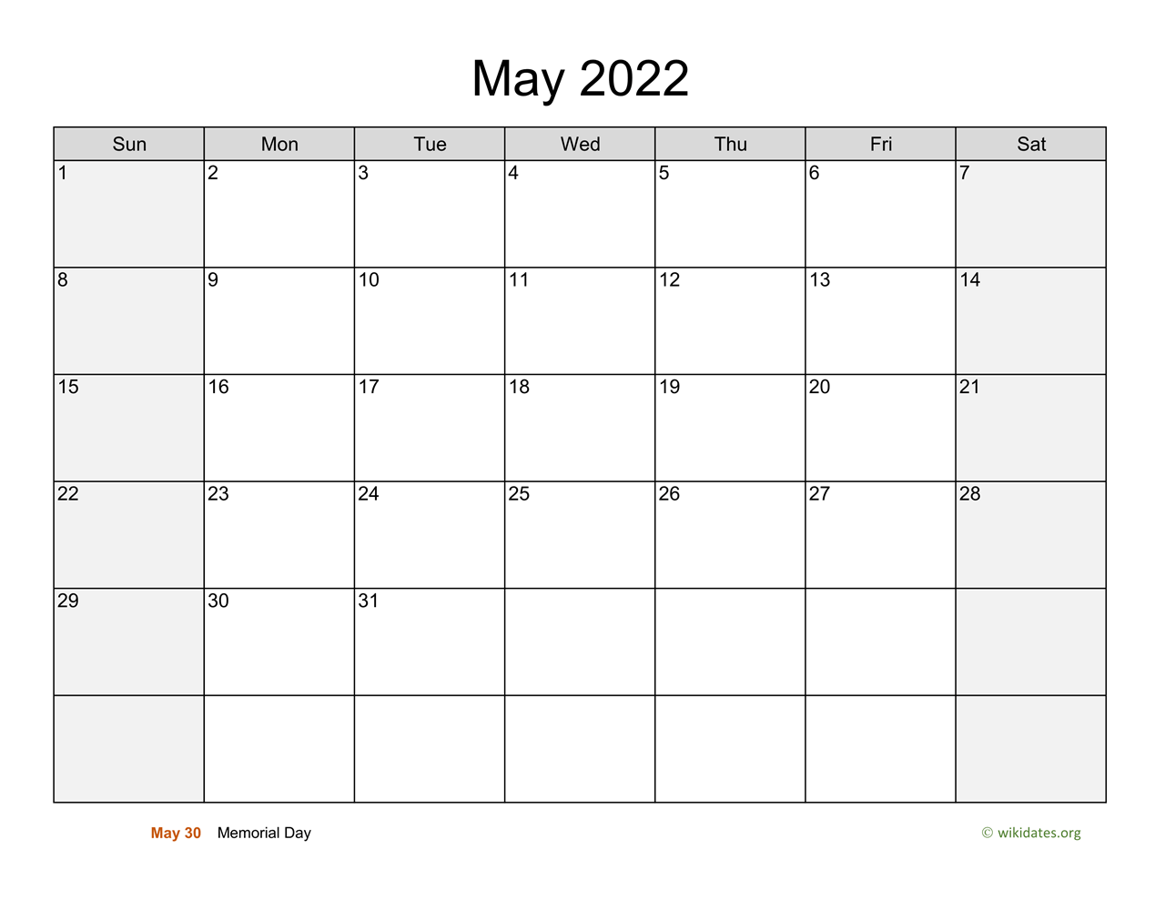 May 2022 Schedule May 2022 Calendar With Weekend Shaded | Wikidates.org