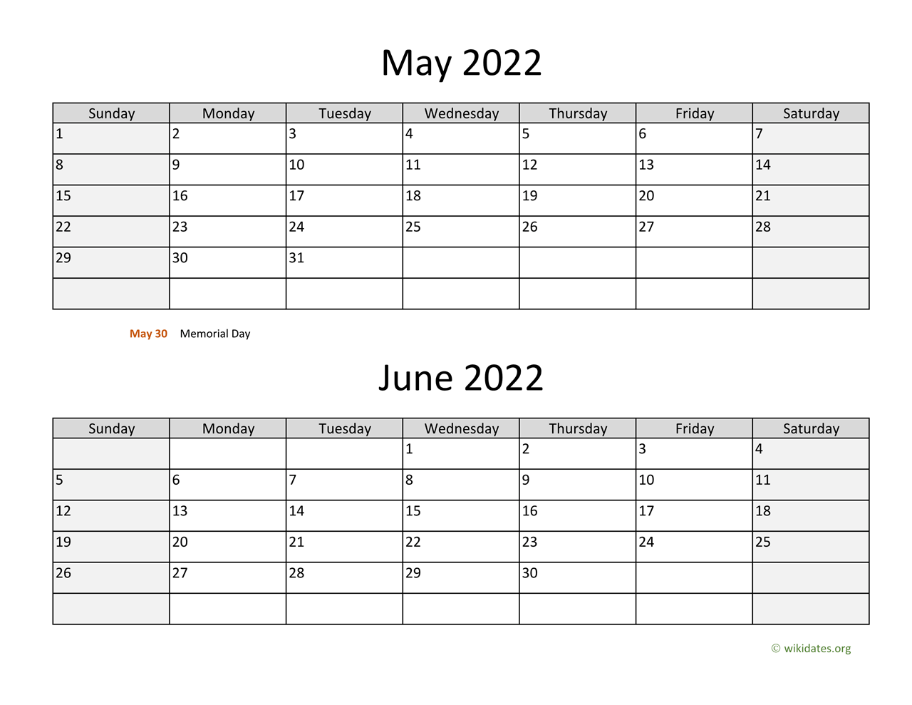 May and June 2022 Calendar