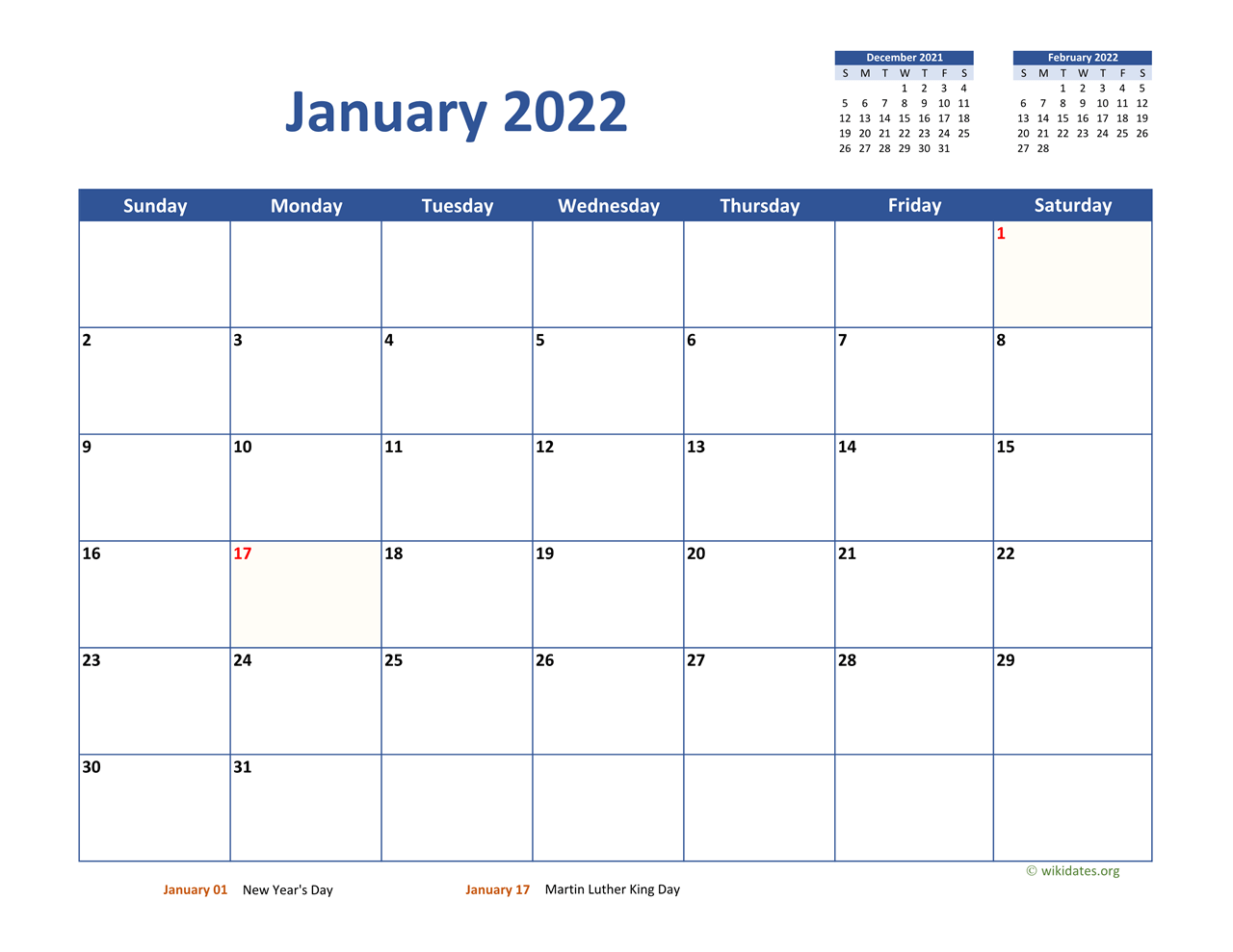 Monthly 2022 Calendar Classic | WikiDates.org