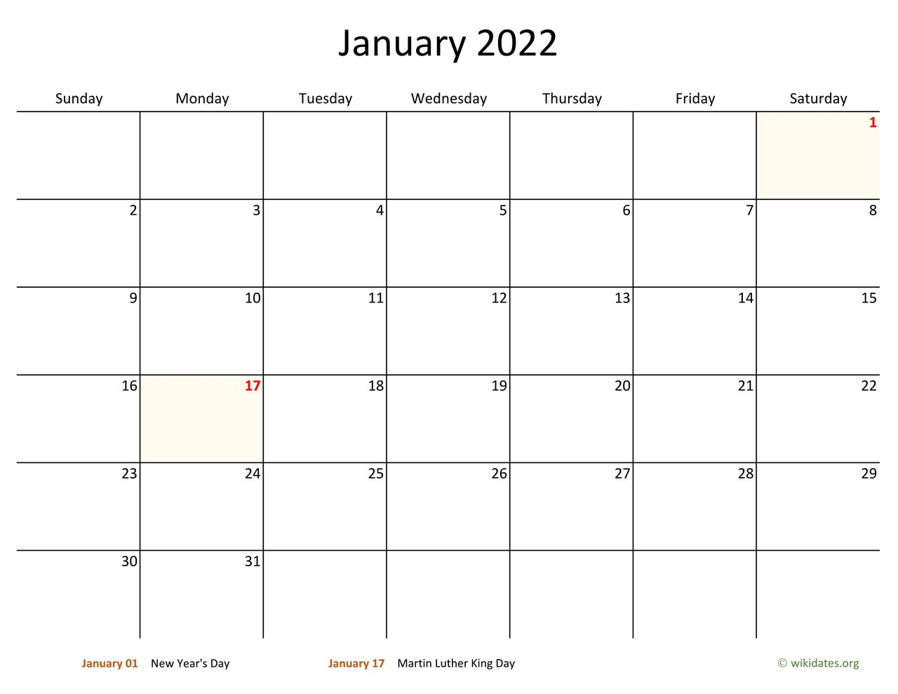 Monthly 2022 Calendar with Bigger boxes | WikiDates.org