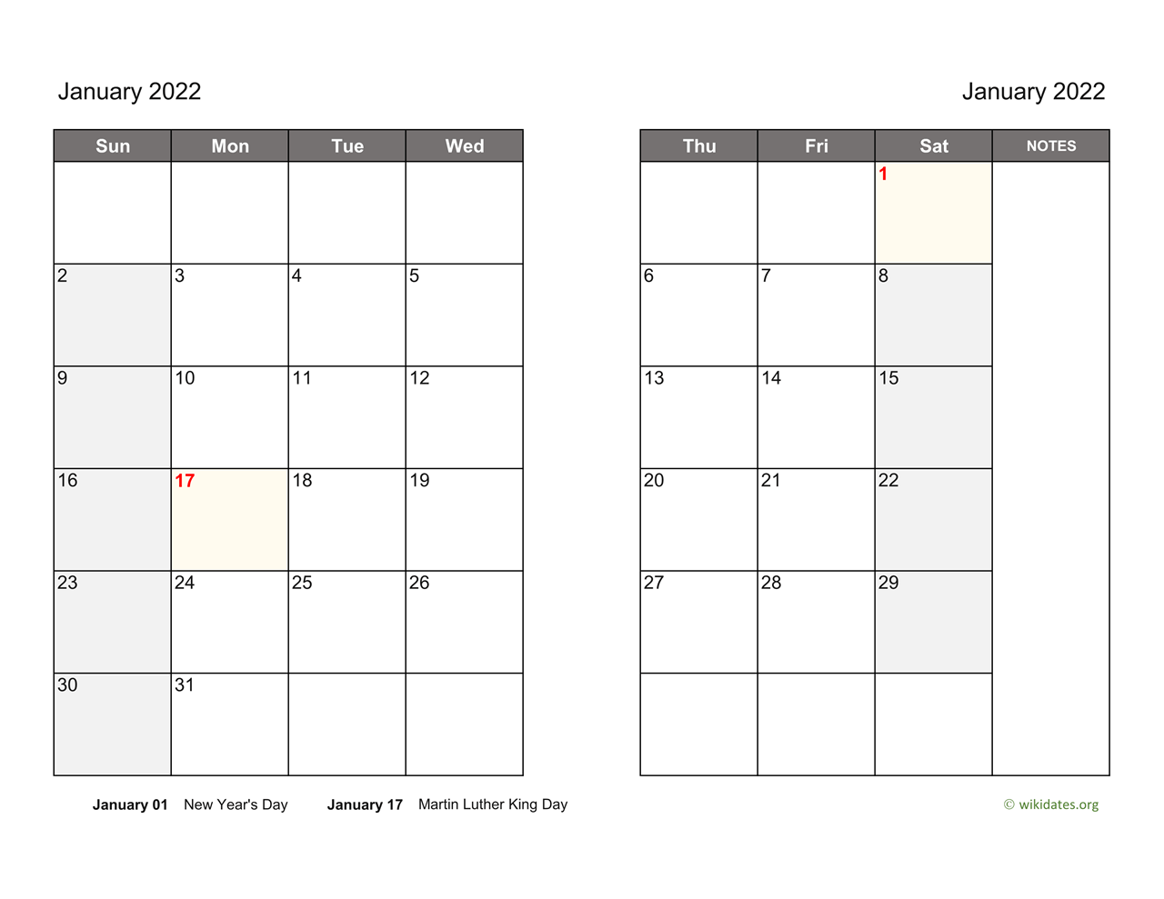 Monthly 2022 Calendar On Two Pages Wikidates Org