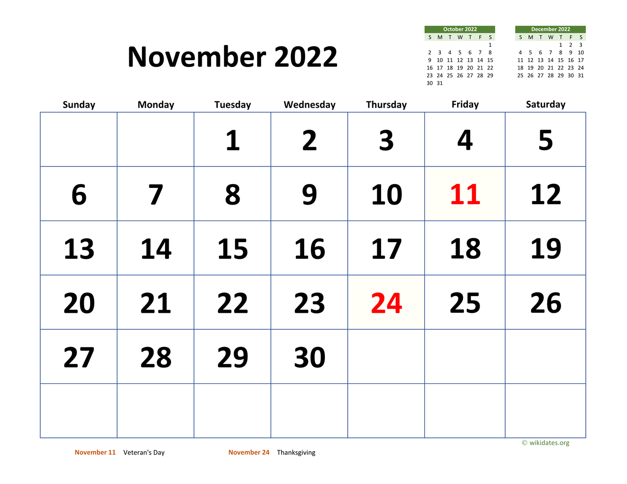November 2022 Calendar November 2022 Calendar With Extra-Large Dates | Wikidates.org