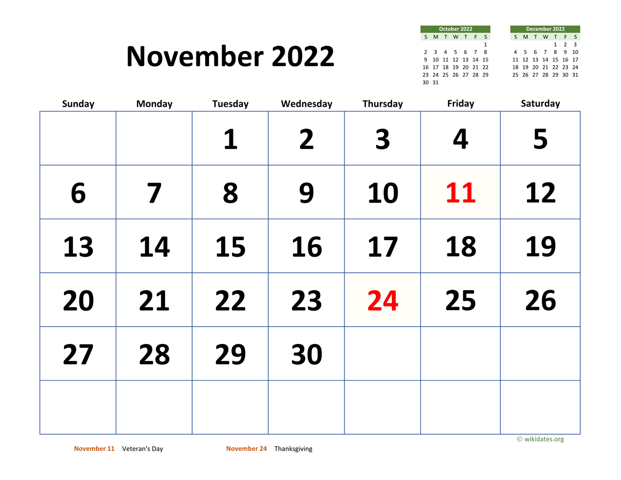 November 2022 Calendar With Extra large Dates WikiDates