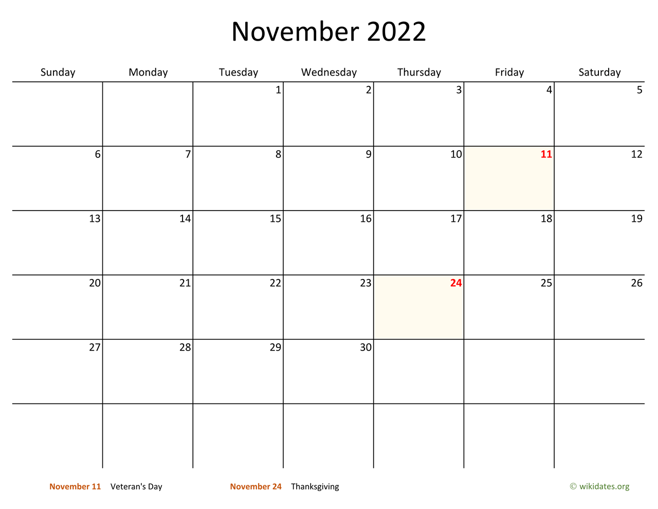 Thanksgiving Calendar 2022 November 2022 Calendar With Bigger Boxes | Wikidates.org