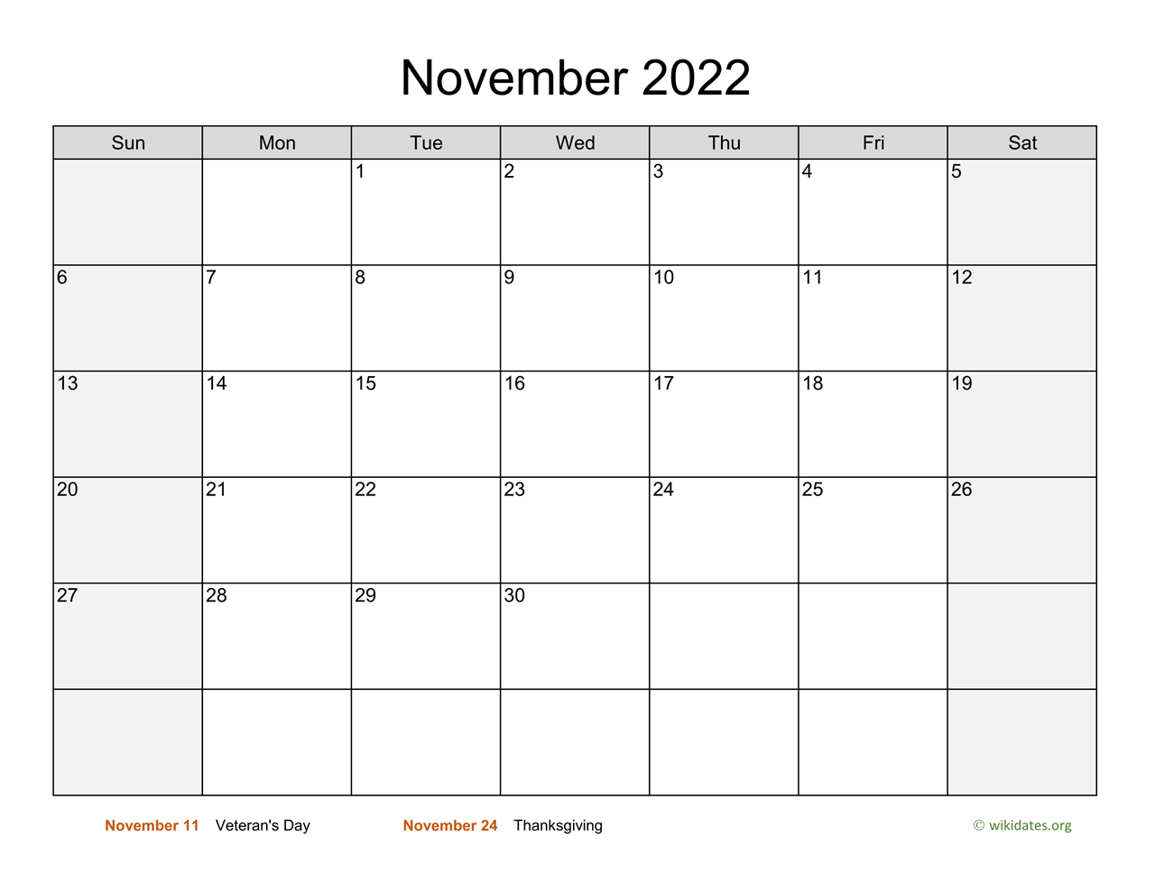 Thanksgiving Calendar 2022 November 2022 Calendar With Weekend Shaded | Wikidates.org