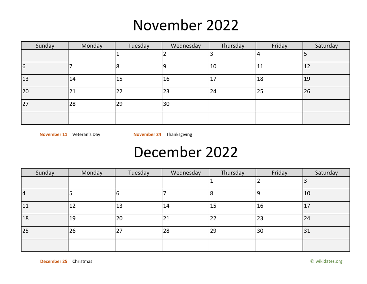 November And December 2022 Calendar Calendar Options November And 