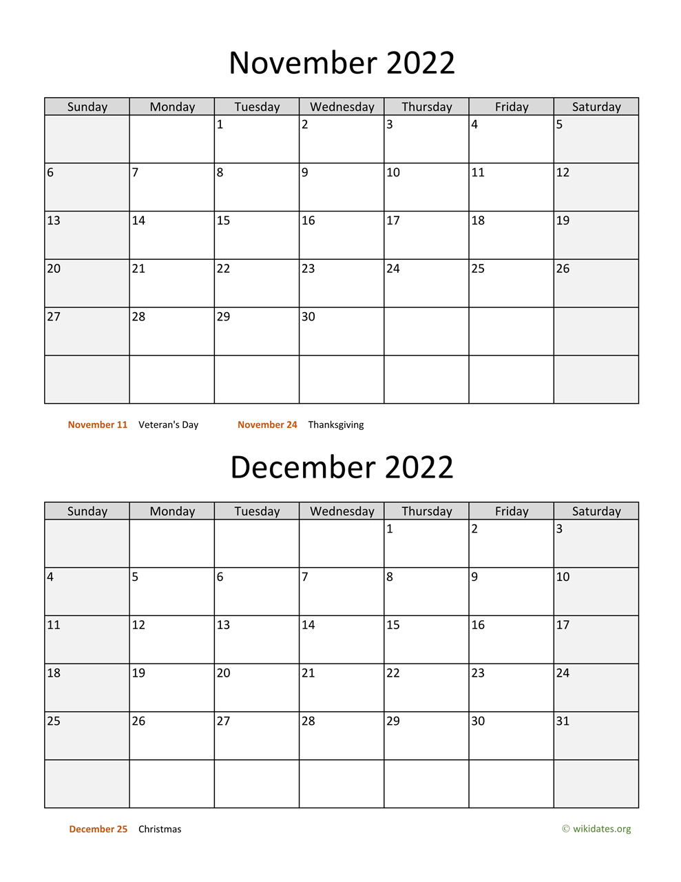 Nov Dec 2022 Calendar November And December 2022 Calendar | Wikidates.org