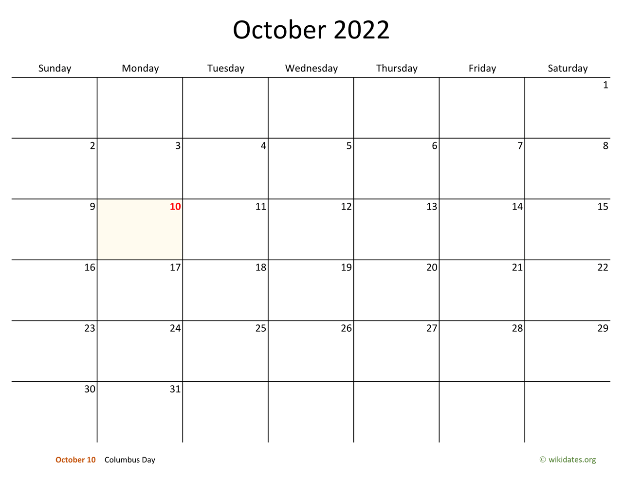 October 2022 Calendar With Bigger Boxes Wikidates Org