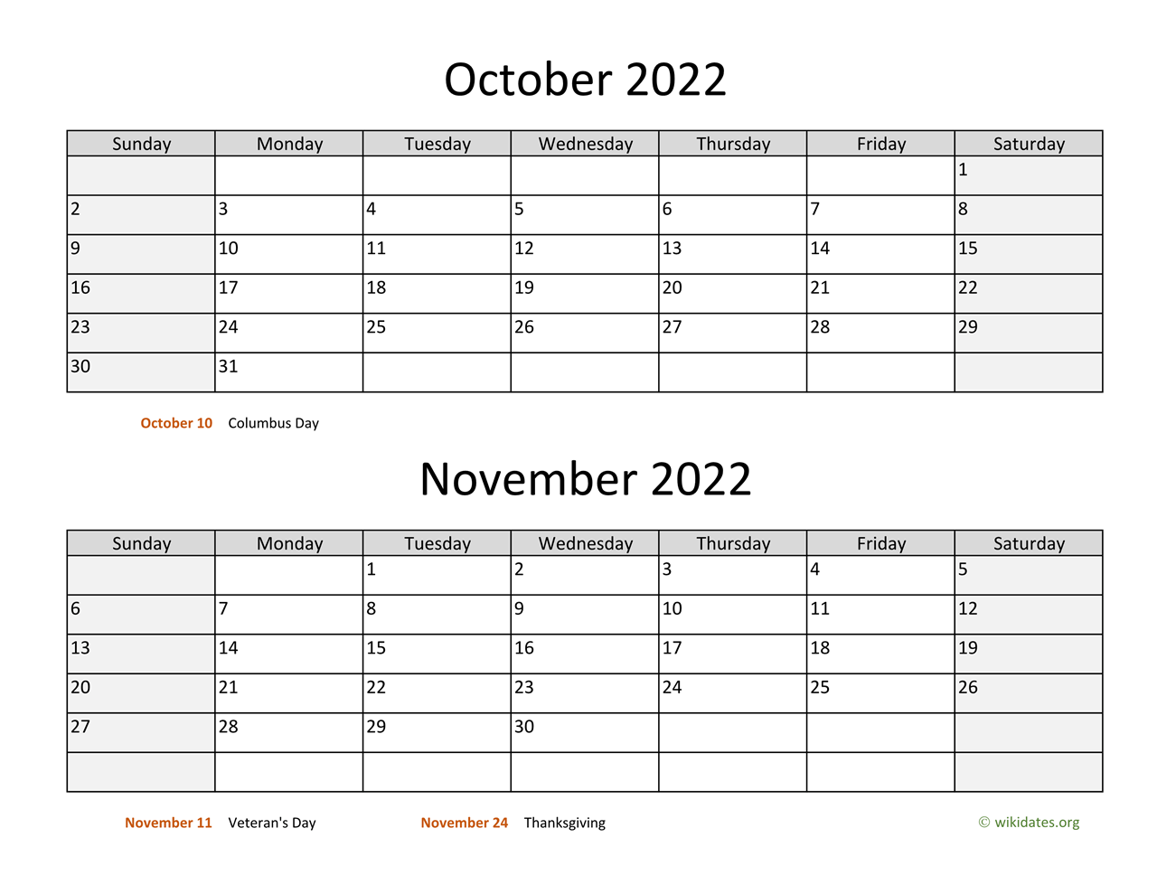 October And November 2022 Calendar October And November 2022 Calendar | Wikidates.org