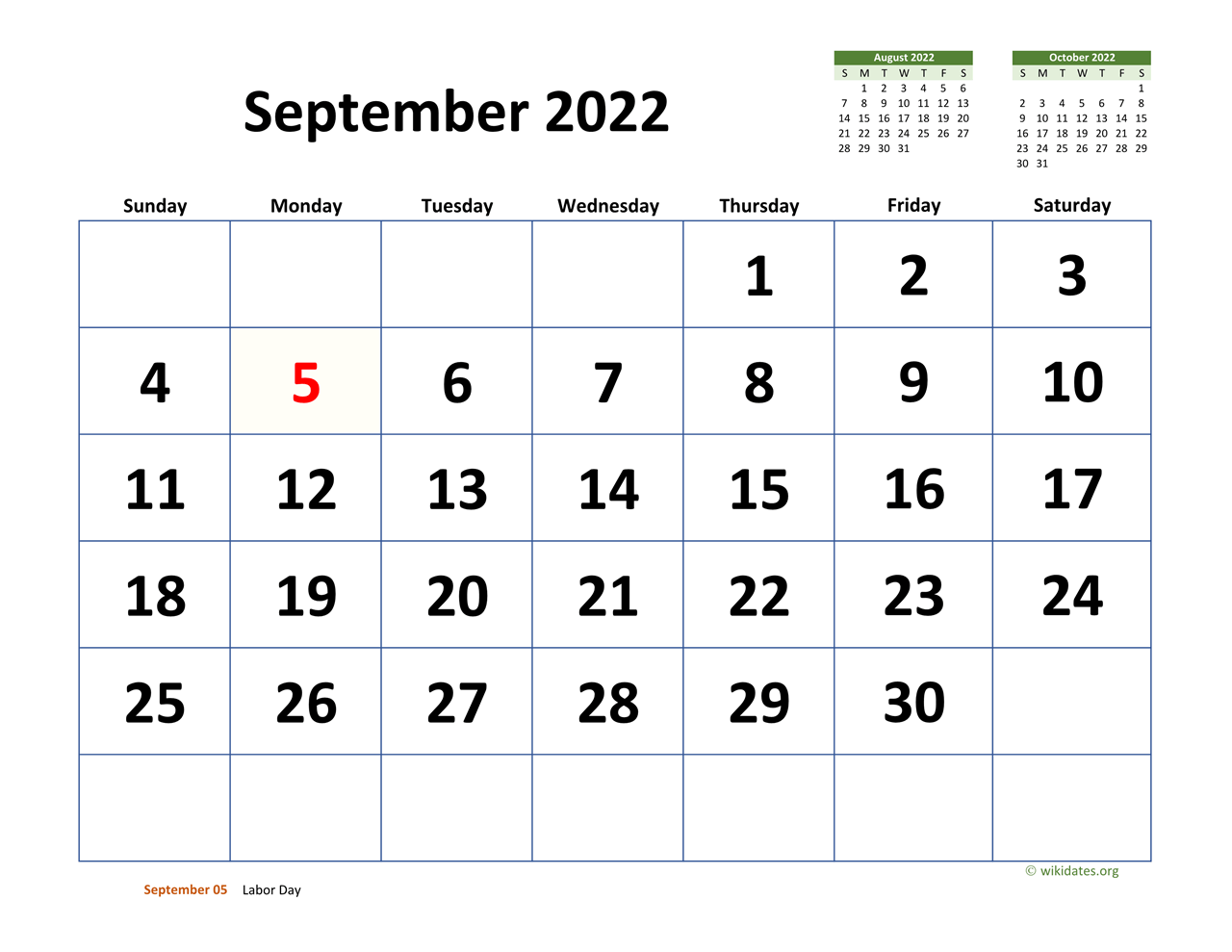 Download September 2022 Calendar September 2022 Calendar With Extra-Large Dates | Wikidates.org