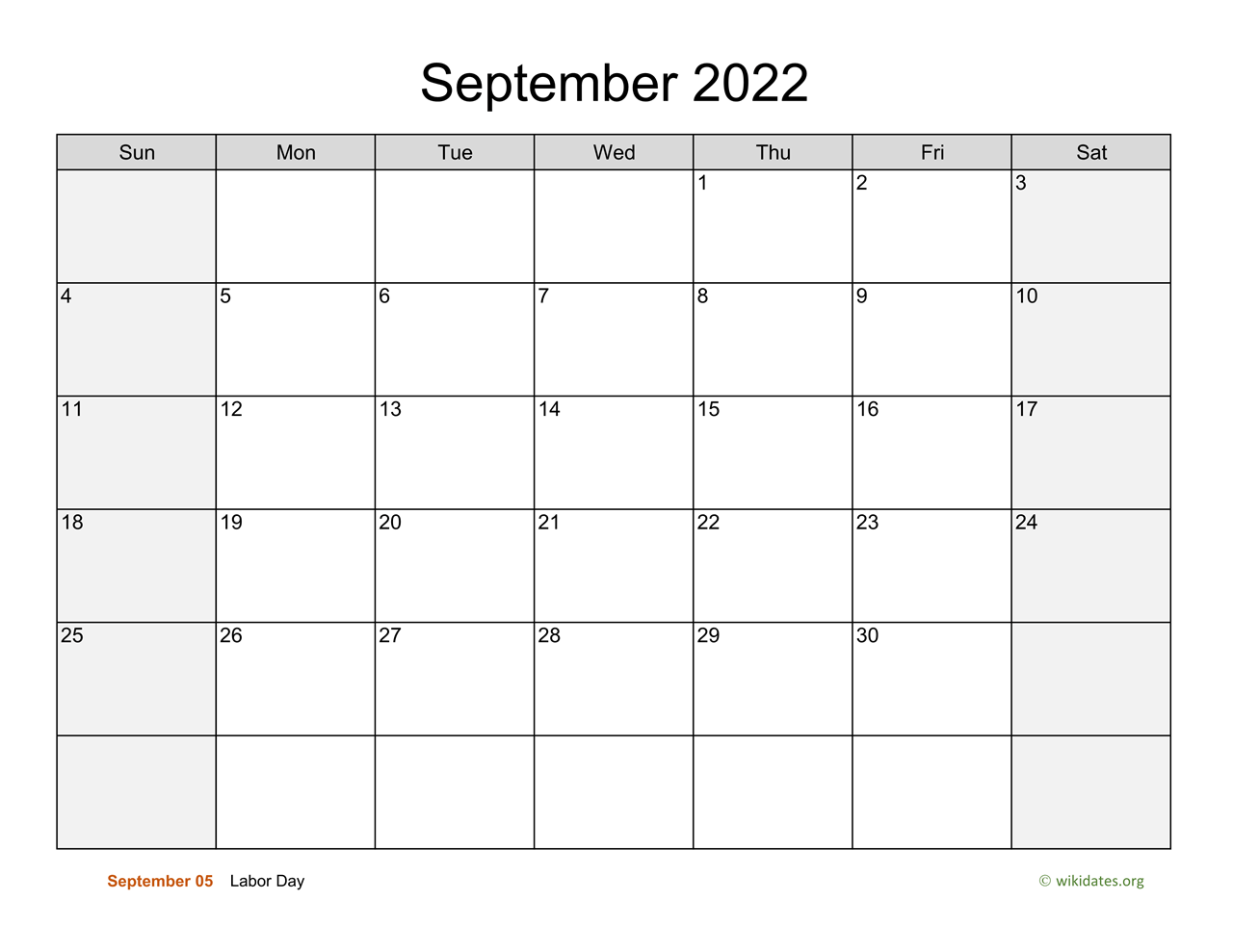 Labor Day Weekend 2022 Calendar September 2022 Calendar With Weekend Shaded | Wikidates.org