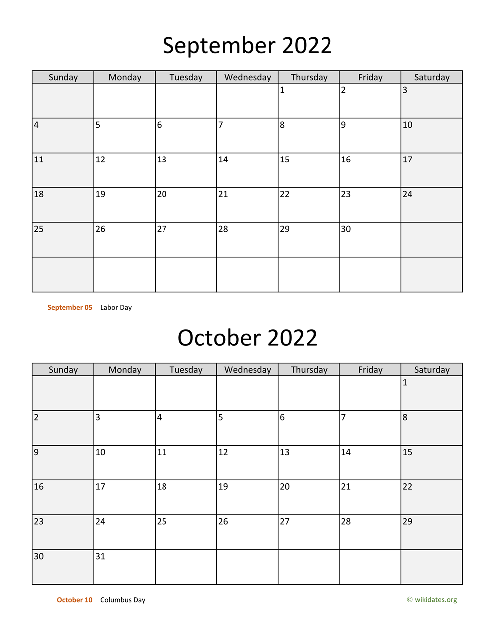 September and October 2022 Calendar
