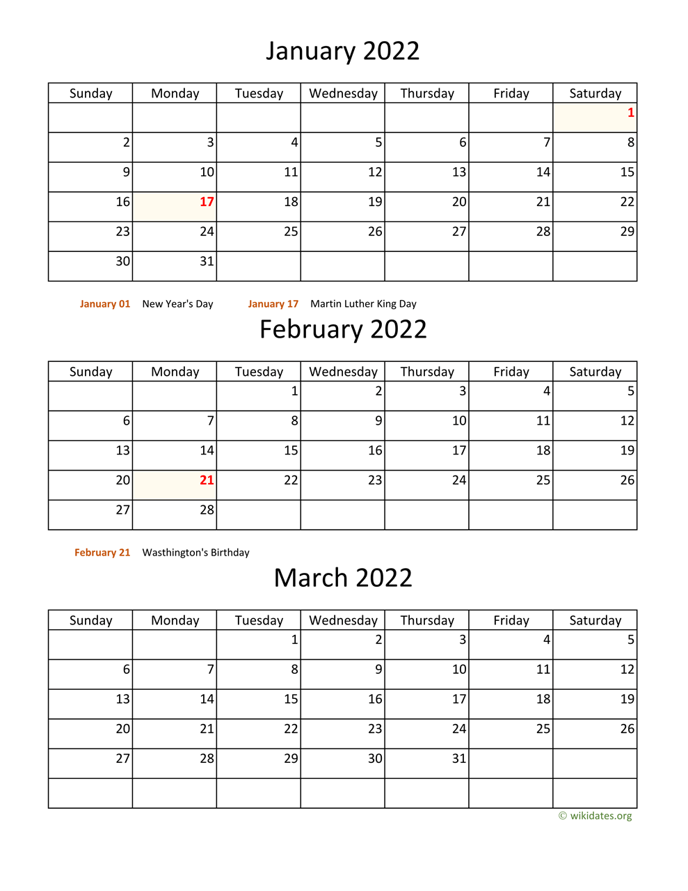 Printable 2022 Calendar